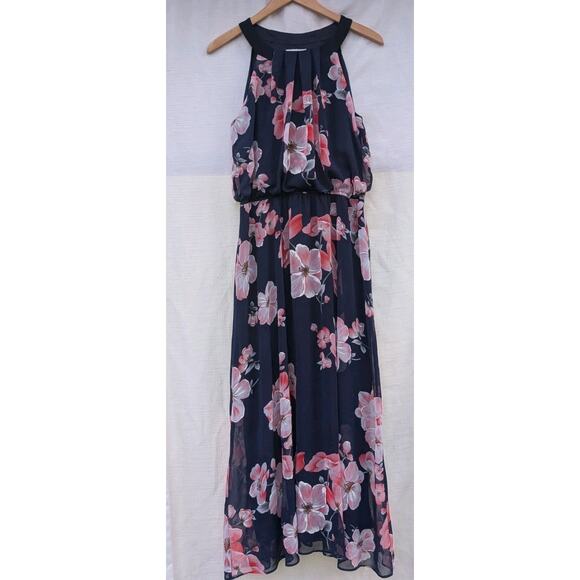 Robbie Bee Women's Halter Floral Sleeveless Maxi Dress Sz 12 Navy Orchid - Picture 3 of 6